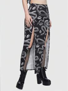 ROMWE Goth Snake Print Split Thigh Skirt - Black - View 6