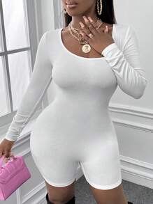 Slaydiva Scoop Cổ Đồ đan Ribbed Quần áo nịt Romper - trắng - Xem 4