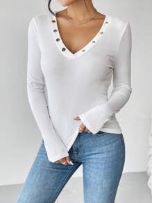 SHEIN Essnce Chi tiết Nút Cổ v Áo thun - trắng - Xem 3