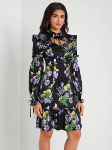 Caterine Sanchez Vestido elegante con estampado floral, cuello de lazo, ribete de volantes y bajo con volantes, para vacaciones y días festivos - Multicolor - Ver 5