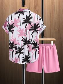 Manfinity RSRT Men Tropical Print Shirt & Shorts, Men Beach Outfit Set, Men Vacation Short Sets, Pink Men Short Sets, Cozy Outfits - Pink - View 2