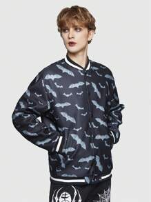 ROMWE MEN Goth 男士滿版蝙蝠圖案條紋飾邊飛行員夾克 - 黑色 - 查看 6