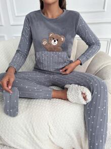 SHEIN Cottnline Bear Print Kangaroo Pocket PJ Set - Grey - View 1