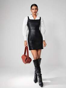 Maija Solid PU Leather Dress Without Chain Belt - Black - View 3