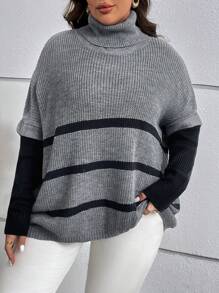 SHEIN Clasi Hơn Mẫu sọc Áo cao cổ Thả vai Áo len - Xám - Xem 1