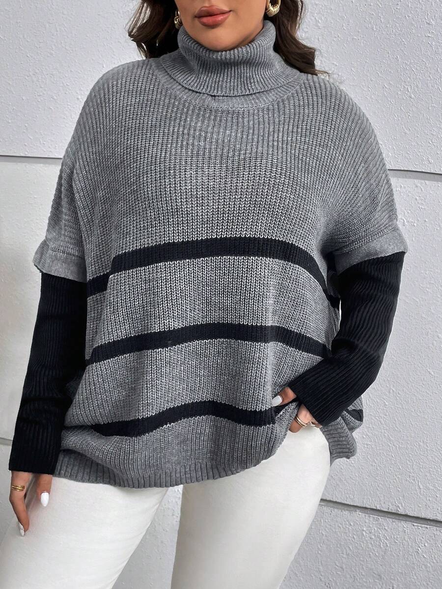 SHEIN Clasi Hơn Mẫu sọc Áo cao cổ Thả vai Áo len - Xám - Xem 1