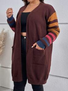 SHEIN LUNE Áo khoác cardigan họa tiết sọc cỡ lớn thả vai - Màu nâu Sô-cô-la - Xem 4