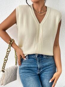 SHEIN LUNE Solid Ribbed Knit Sweater Vest Without Blouse - Apricot - View 1