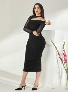 Modelyn Cotton Asymmetrical Neck Contrast Mesh Bodycon Dress Without Belt