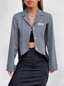 Flirla Letter Graphic Two Tone Asymmetrical Hem Blazer Fall Cloth For Women - Multicolor - View 5