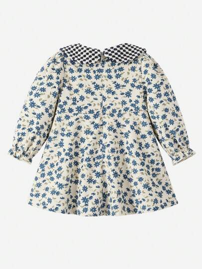 Baby Girl Floral Print Gingham & Ditsy Floral Print Bow Front Flounce Sleeve Dress