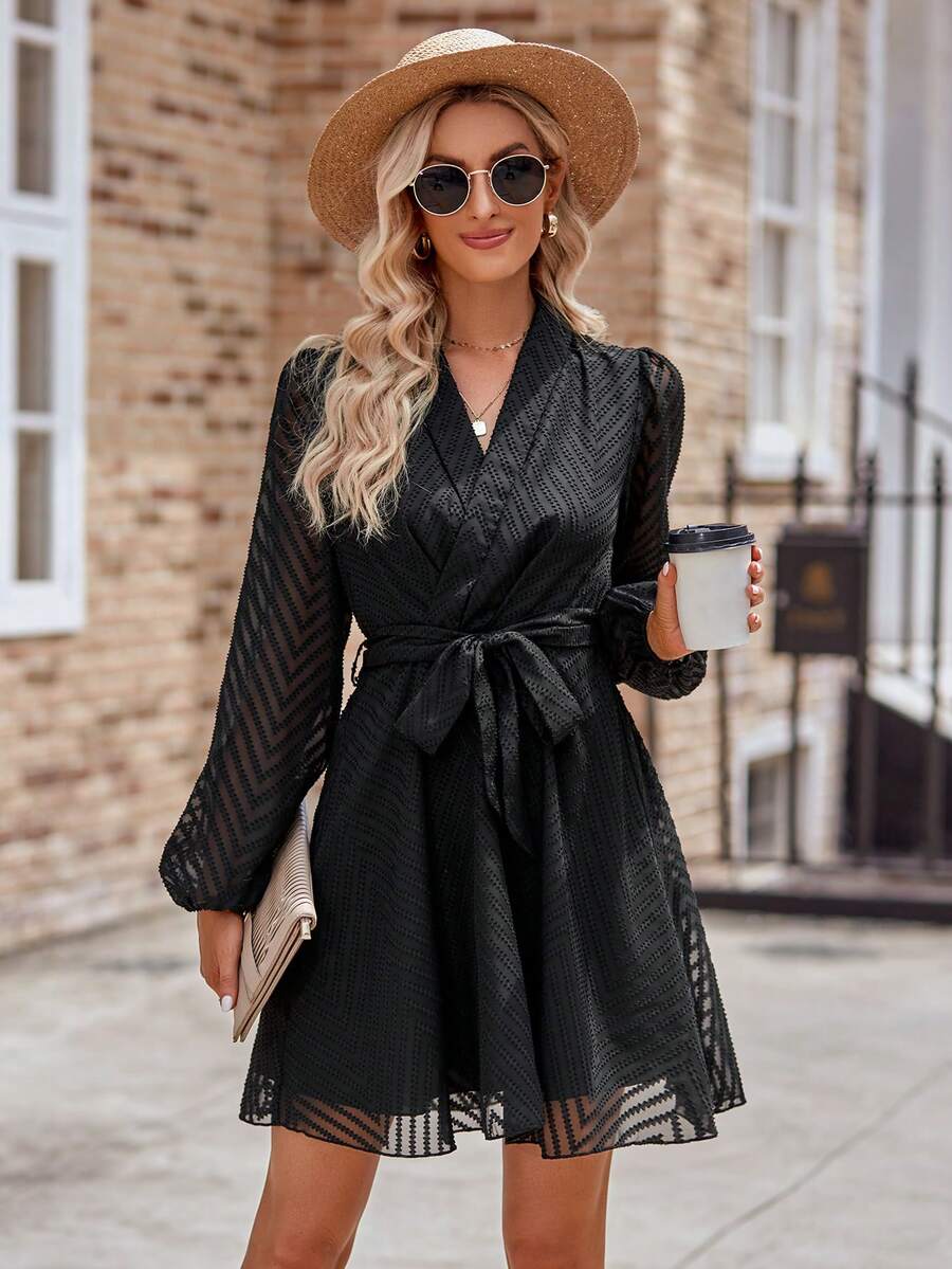 Solid Mesh Overlay Belted Dress - Black - View 1