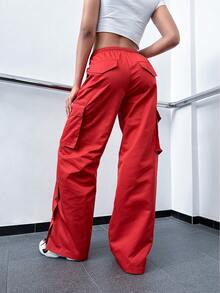 Pantalones cargo con bolsillo con solapa de cintura con cordón - Rojo - Ver 2