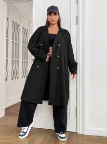 SHEIN EZwear Plus Double Breasted Belted Trench Coat - Black - View 4
