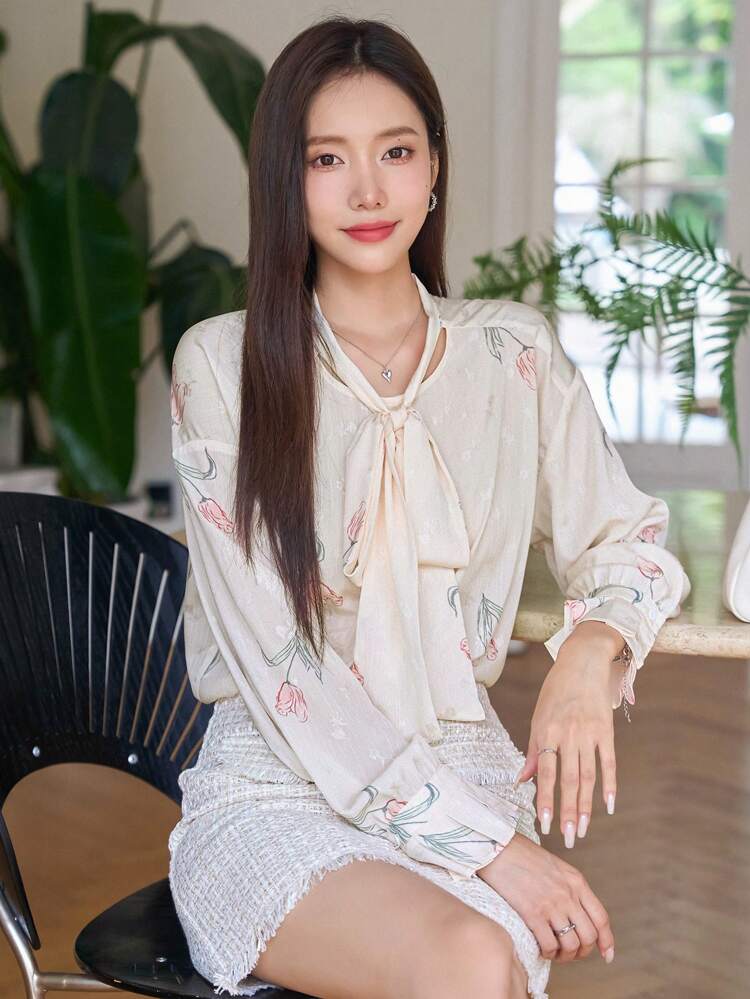 Floral Print Tie Neck Blouse Work Women Clothes,Fall Women Clothes Long Sleeve Top