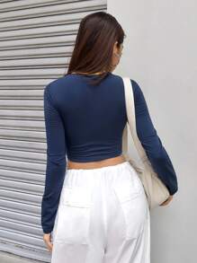 SHEIN EZwear Letter Graphic Contrast Binding Crop Tee - Navy Blue - View 2