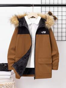 SHEIN Tween Boy 1pc Letter Graphic Fuzzy Trim Hooded Thermal Lined Coat - Brown - View 5