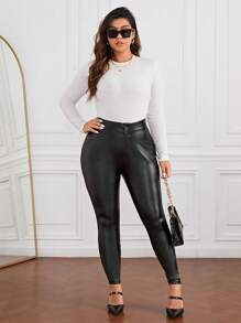 SHEIN Privé Hơn Cao eo chất liệu da PU Quần bó sát - màu đen - Xem 4