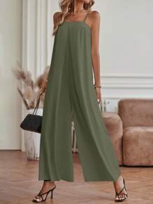 SHEIN LUNE 素色闊腿吊帶連體褲 - 綠色 - 查看 1
