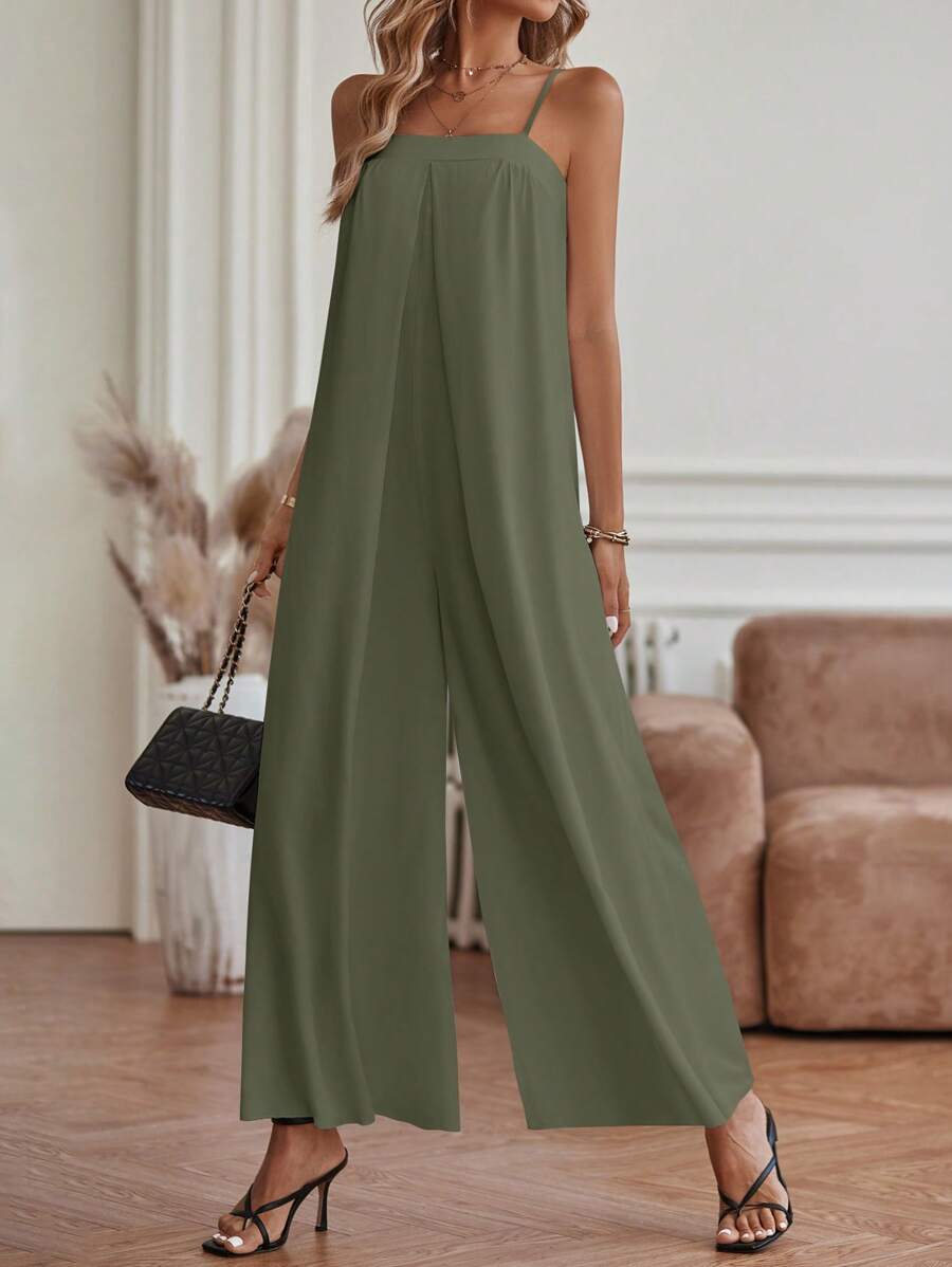 SHEIN LUNE 素色闊腿吊帶連體褲 - 綠色 - 查看 1