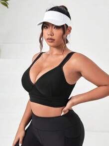 Easithlete Plus Solid Crisscross Back Sports Bra - Black - View 1