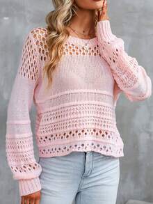 CILKOO Solid Open Knit Sweater - Pink - View 5