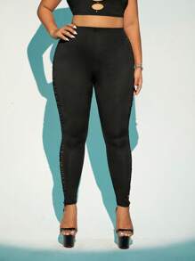 SHEIN ICON 大碼側邊鏤空緊身打底褲 - 黑色 - 查看 4