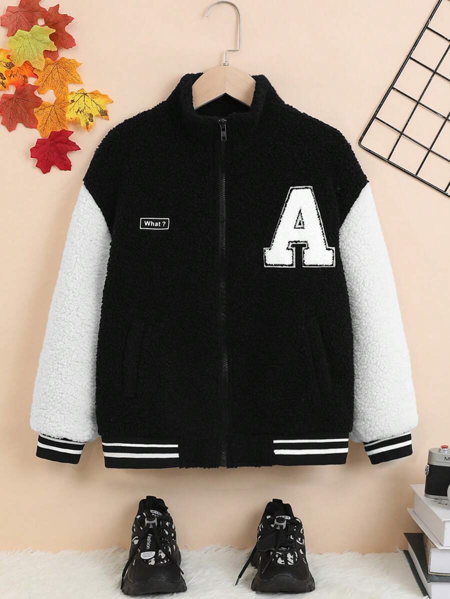 SHEIN Tween Boy Letter Patched Striped Trim Drop Shoulder Teddy Jacket - Black - View 1