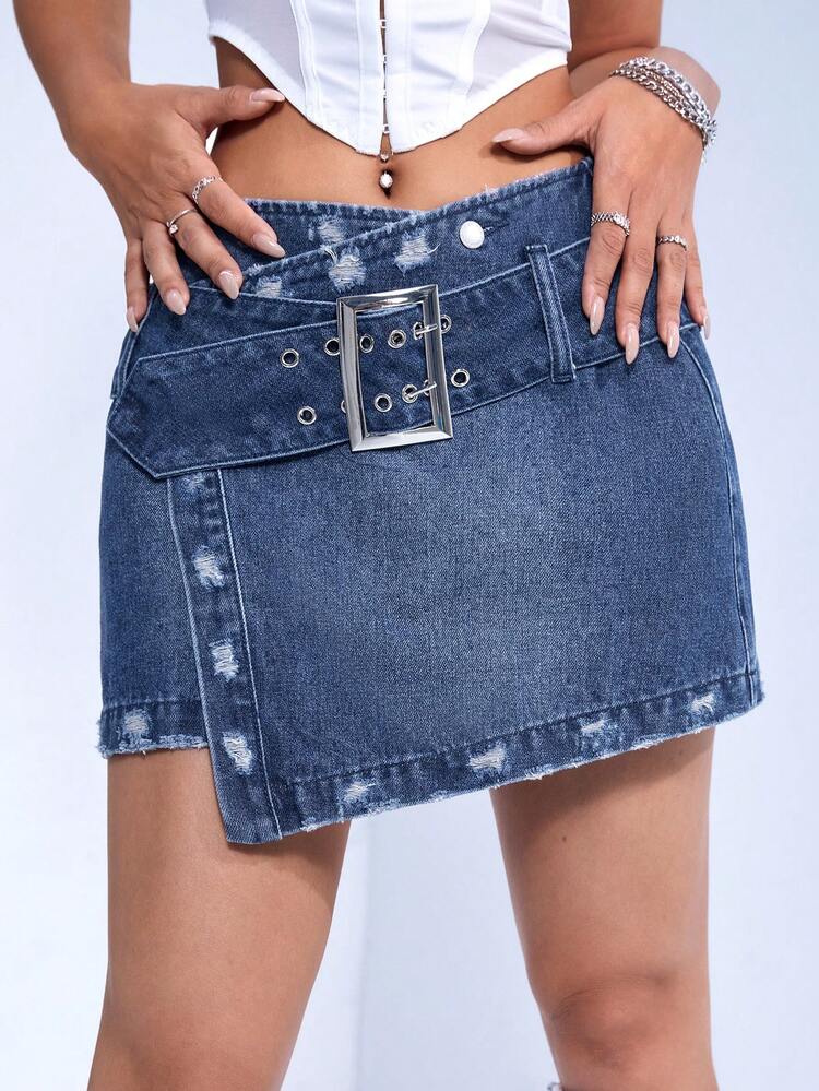 SHEIN ICON 帶扣細節不對稱下擺牛仔半身裙 - 中等水洗藍 - 查看 7