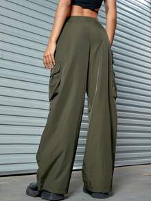 Drawstring Waist Flap Pocket Side Wide Leg Cargo Pants - Army Green - View 2