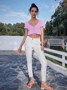 SHEIN Qutie Solid Puff Sleeve Ruffle Hem Top - Lilac Purple - View 5