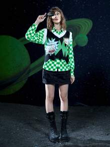 Rick and Morty X SHEIN 卡通和棋盤格印花前紐扣襯衫 - 彩色 - 查看 7