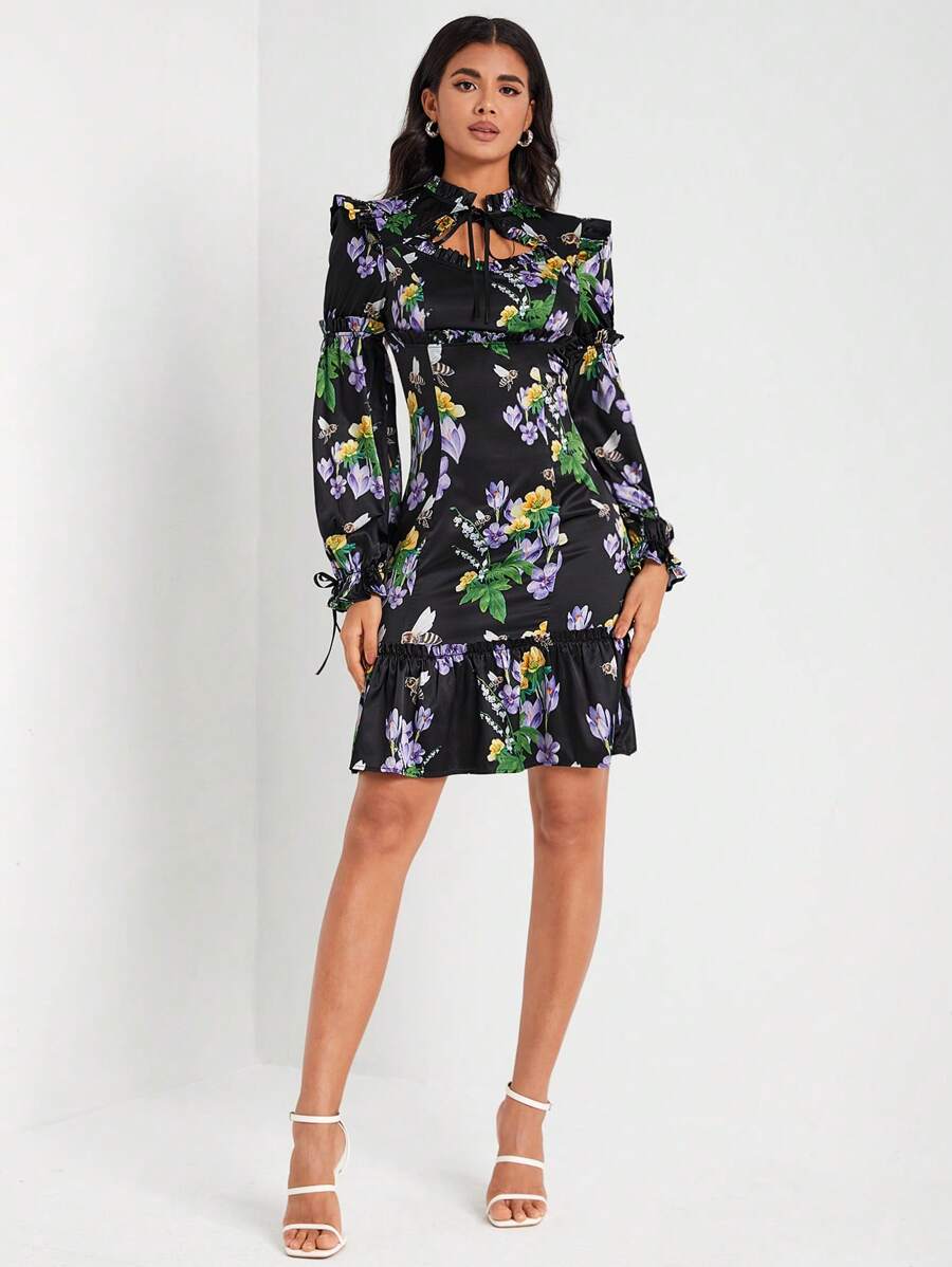 Caterine Sanchez Vestido elegante con estampado floral, cuello de lazo, ribete de volantes y bajo con volantes, para vacaciones y días festivos - Multicolor - Ver 1