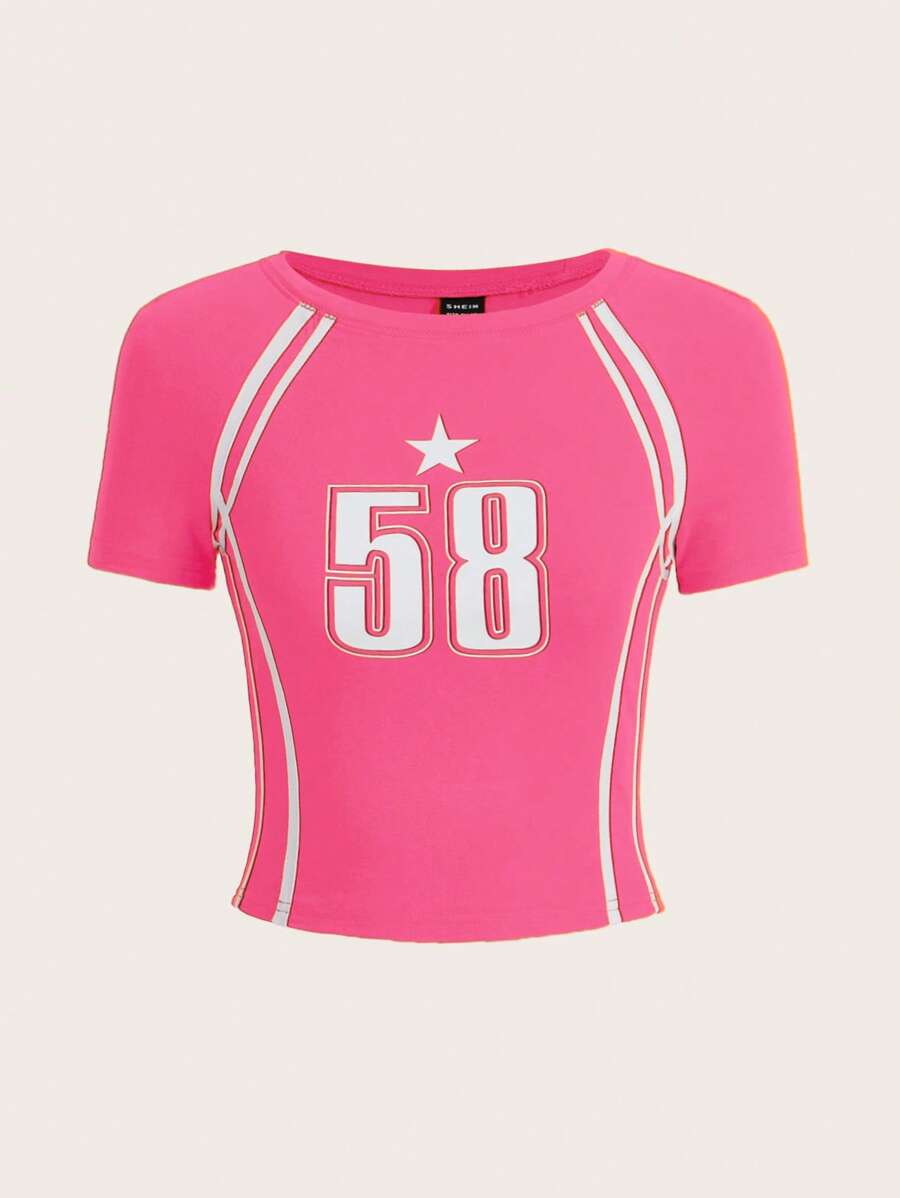 Muchica Đồ họa Chữ cái Tay Raglan Áo thun - Màu Hồng Tươi - Xem 1