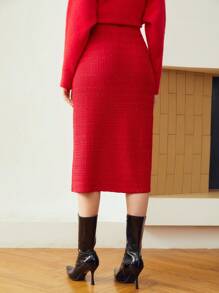 MOTF PREMIUM Fuzzy Áo len dệt kim Váy - Đỏ - Xem 7