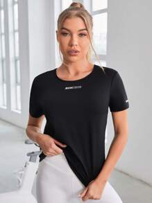 Letter Graphic Sports Tee Gym Top - Black - View 1
