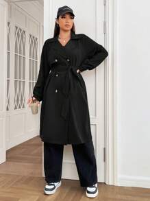 SHEIN EZwear Plus Double Breasted Belted Trench Coat - Black - View 3