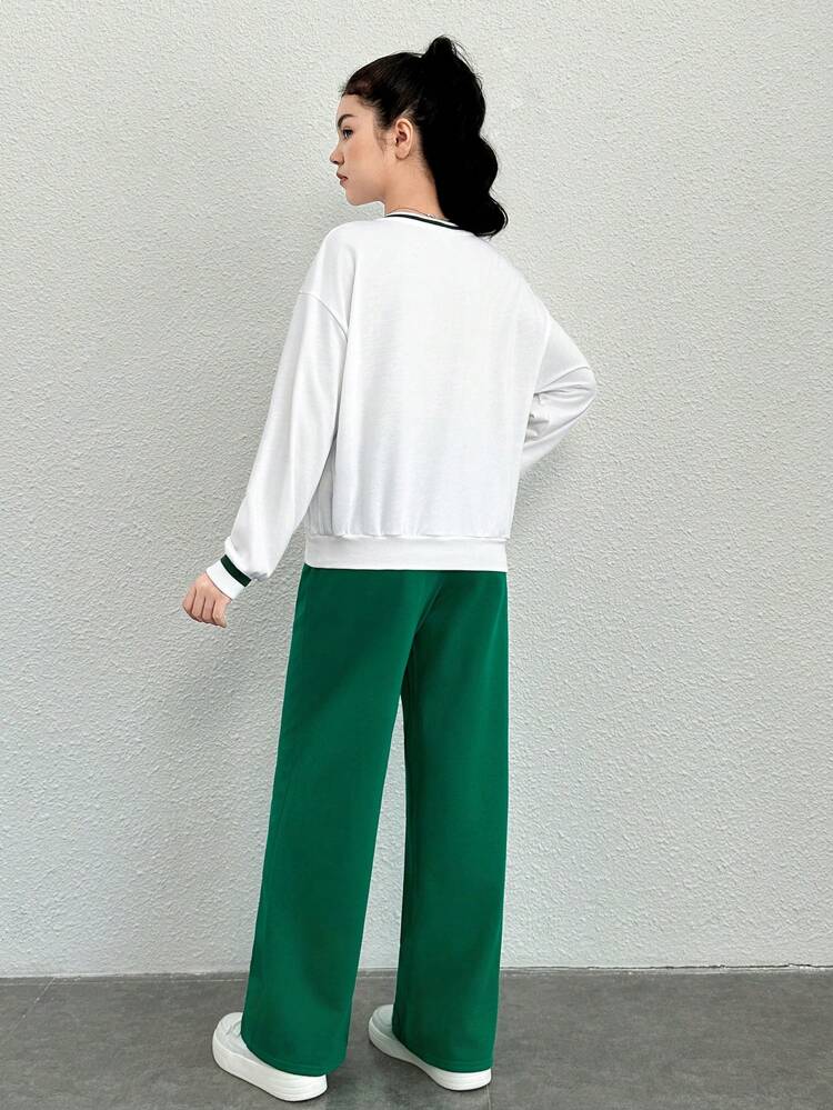 Teen Girl Letter Graphic Drop Shoulder Pullover & Sweatpants