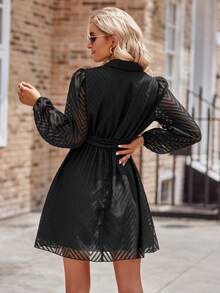 Solid Mesh Overlay Belted Dress - Black - View 2