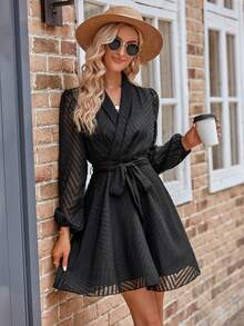 Solid Mesh Overlay Belted Dress - Black - View 3