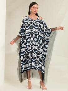 Al Najma Tie Dye Contrast Mesh Kaftan - Multicolor - View 1