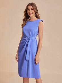 SHEIN Belle Solid Tie Front Dress - Blue - View 6