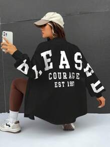 SHEIN EZwear 字母圖案落肩袖襯衫 - 黑色 - 查看 4