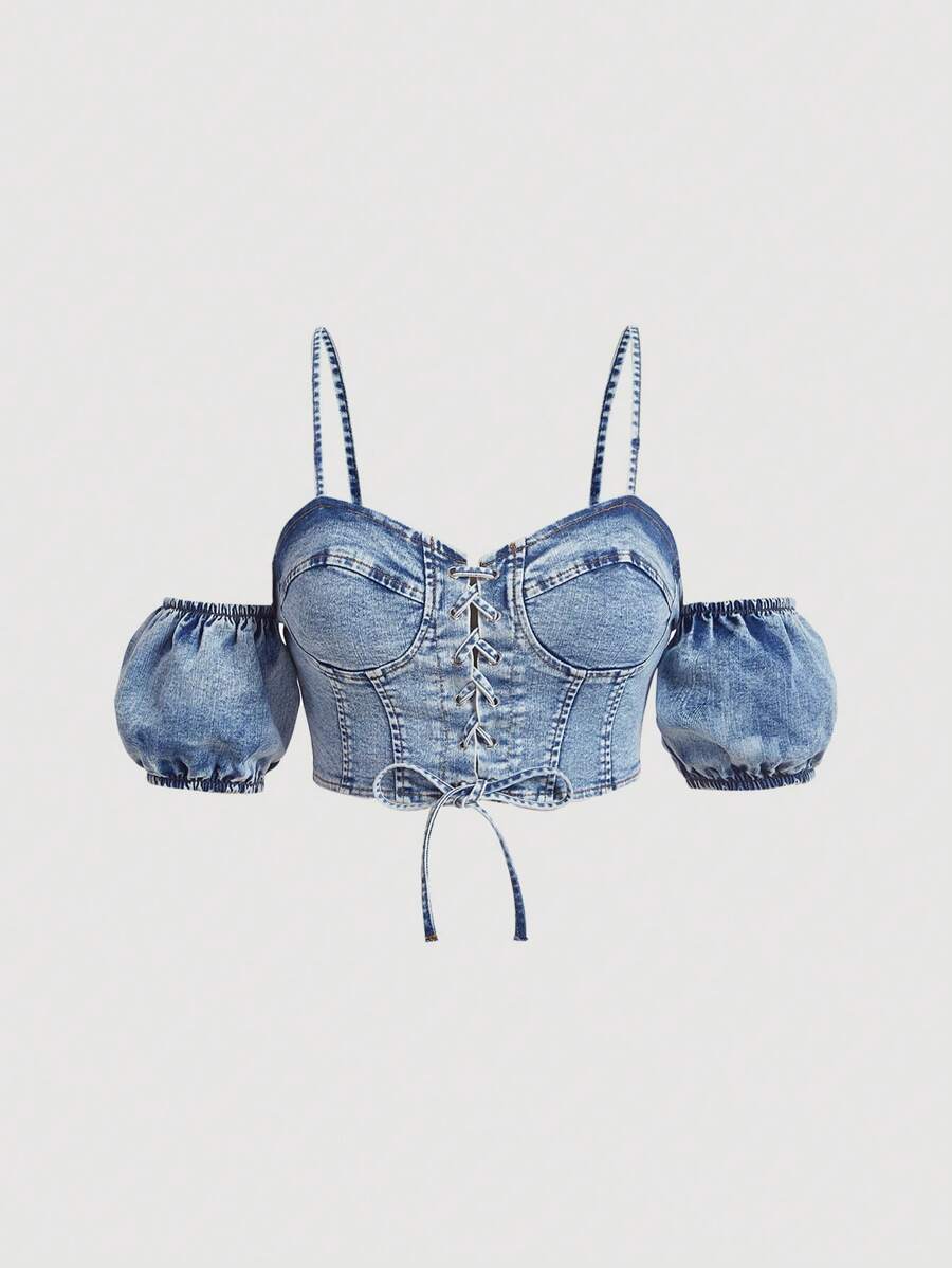 SHEIN MOD Lace lên phía trước Vai lạnh Tops Denim - Rửa nhẹ - Xem 1