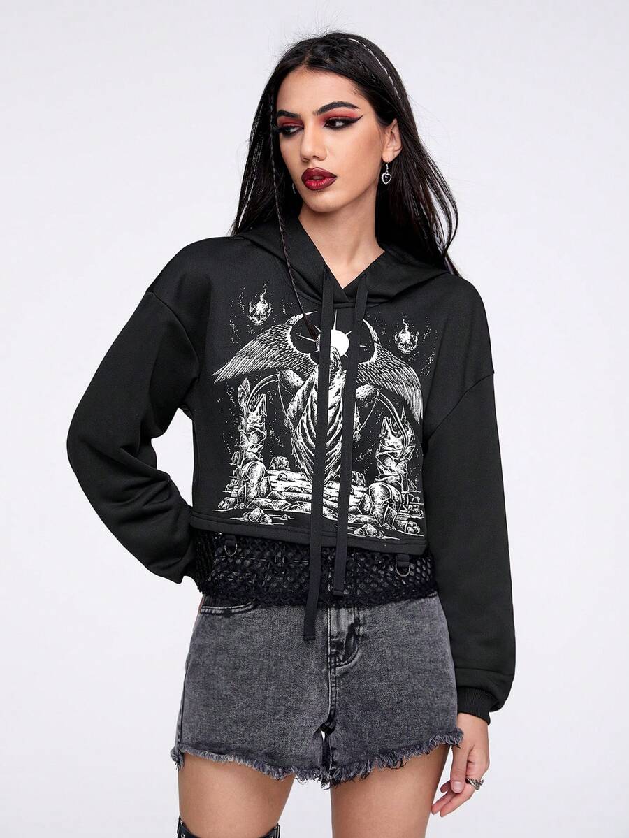 IamYouth 骷髅頭圖案落肩袖抽繩連帽衫 - 黑色 - 查看 1