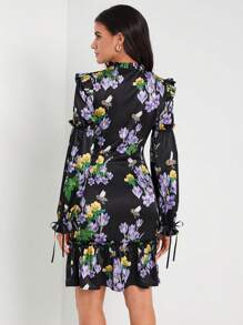 Caterine Sanchez Vestido elegante con estampado floral, cuello de lazo, ribete de volantes y bajo con volantes, para vacaciones y días festivos - Multicolor - Ver 2