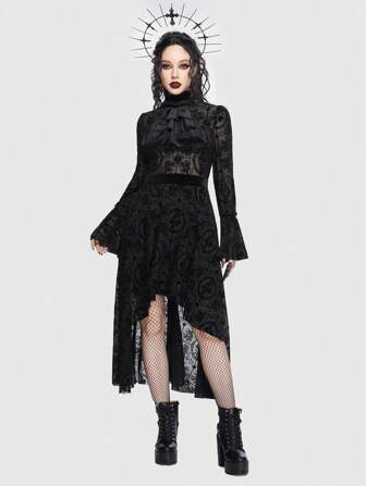 Goth Floral Lace Tie Neck Flounce Sleeve Dress