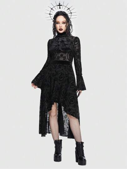 Goth Floral Lace Tie Neck Flounce Sleeve Dress
