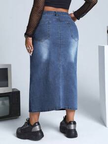 SHEIN SXY 大碼高腰高衩牛仔半身裙 - 中等水洗藍 - 查看 2