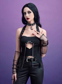 ROMWE PUNK Cut Out Front Asymmetrical Hem Denim Top - Black - View 4